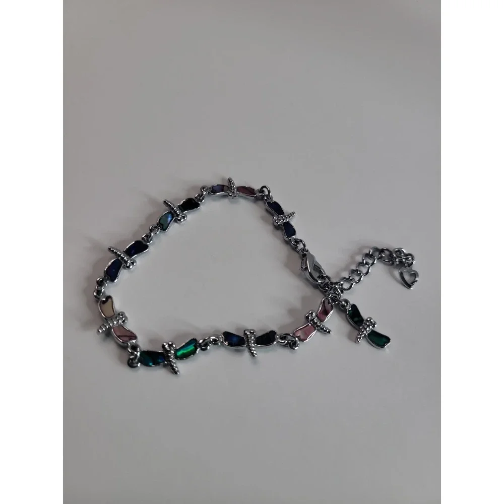 Silver Tone Multi Color Dragonfly Link Bracelet Nature Colorful Boho
